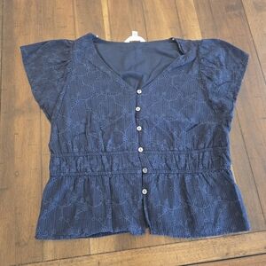 Time and Tru Dark Blue Eyelet Button-Up Blouse